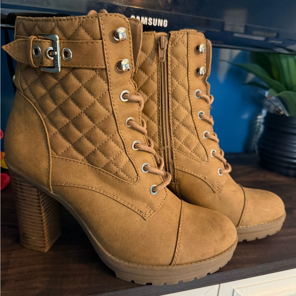G by Guess Women's Tan Quilted Lace-Up Block Heel Boots